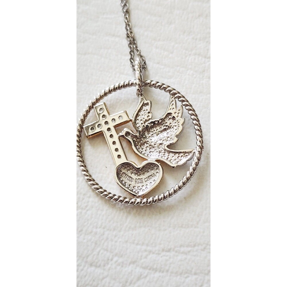Lenox Dove Cross Medallion Cz Pendant Necklace 925 Sterling Silver 20” - Picture 3 of 6